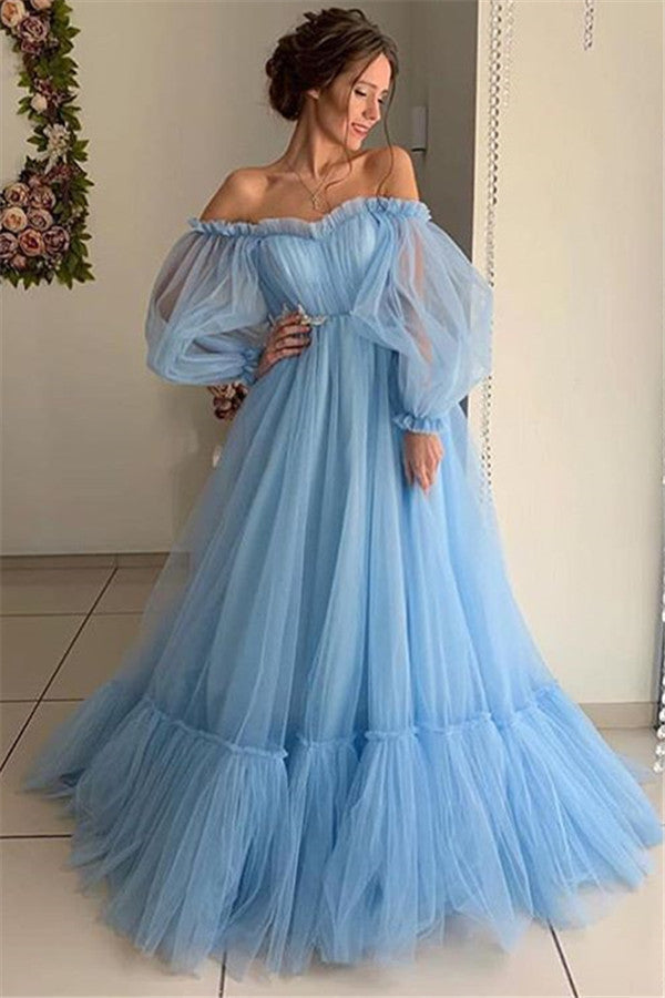 Best Long A-line Off-the-shoulder Tulle Prom Dress with Sleeves-BIZTUNNEL