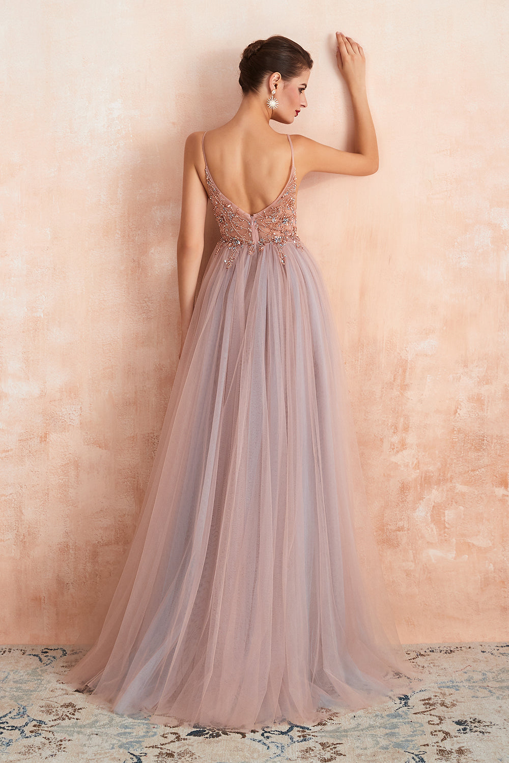 A-line Deep V-Neck Tulle Black Floor Length Prom Dress With Slit main image 1