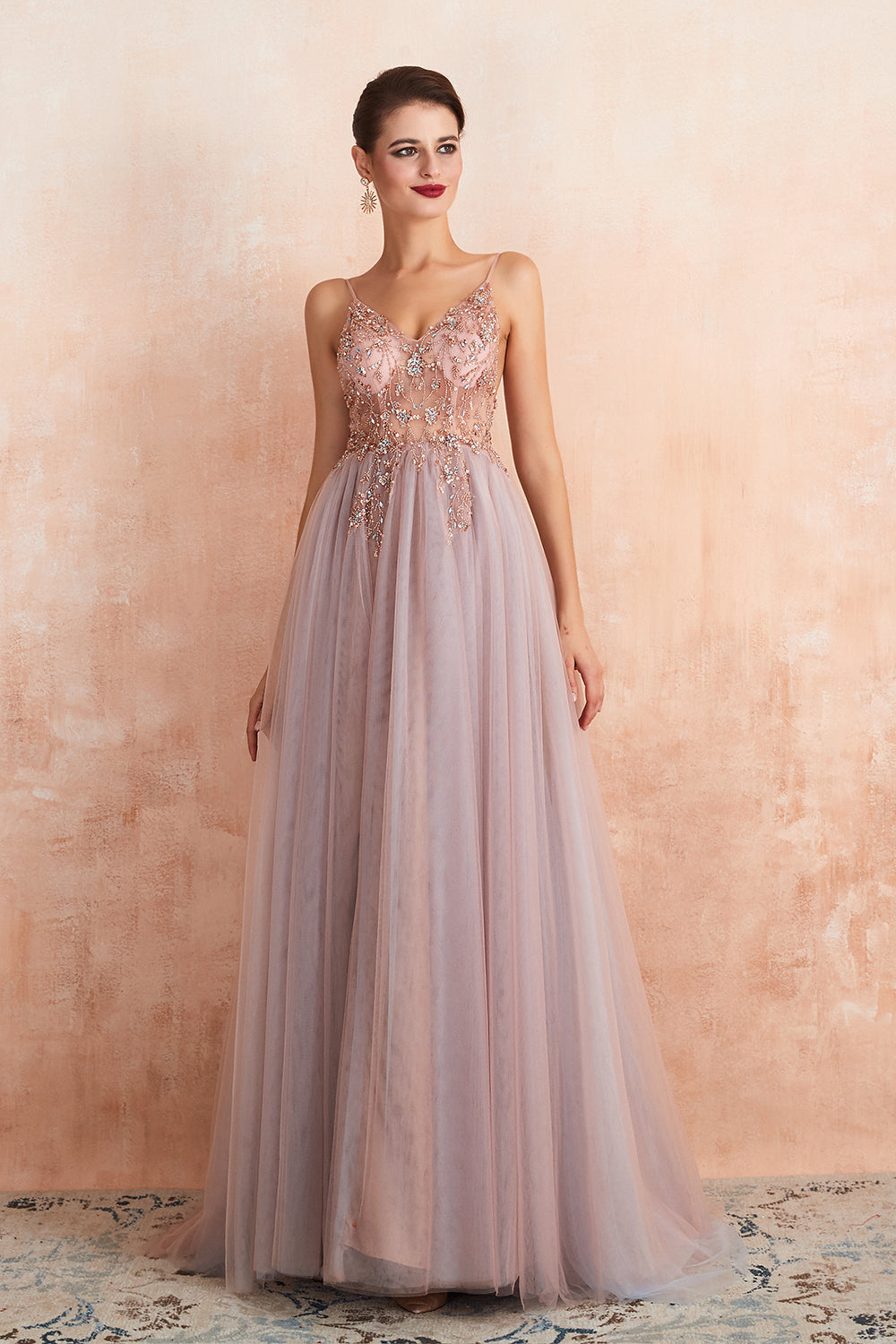 A Line V Neck Sleeveless Long Prom Formal Graduation Evening Dresses with Slit
