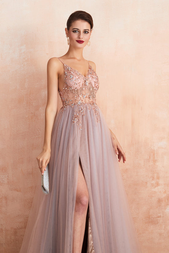 Laden Sie das Bild in den Galerie-Viewer, Best Long A-line V-neck Sleeveless Tulle Prom Dress with Slit-BIZTUNNEL
