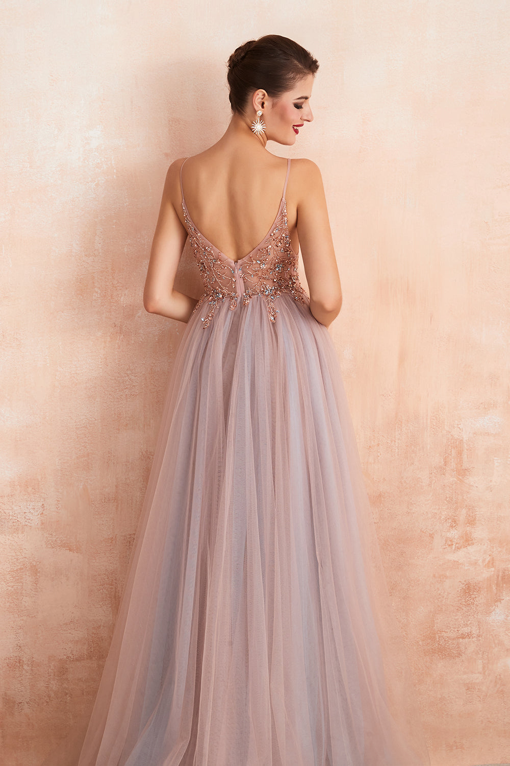 Green Tiered A Line V-Neck Tulle Long Prom Dress with Slit