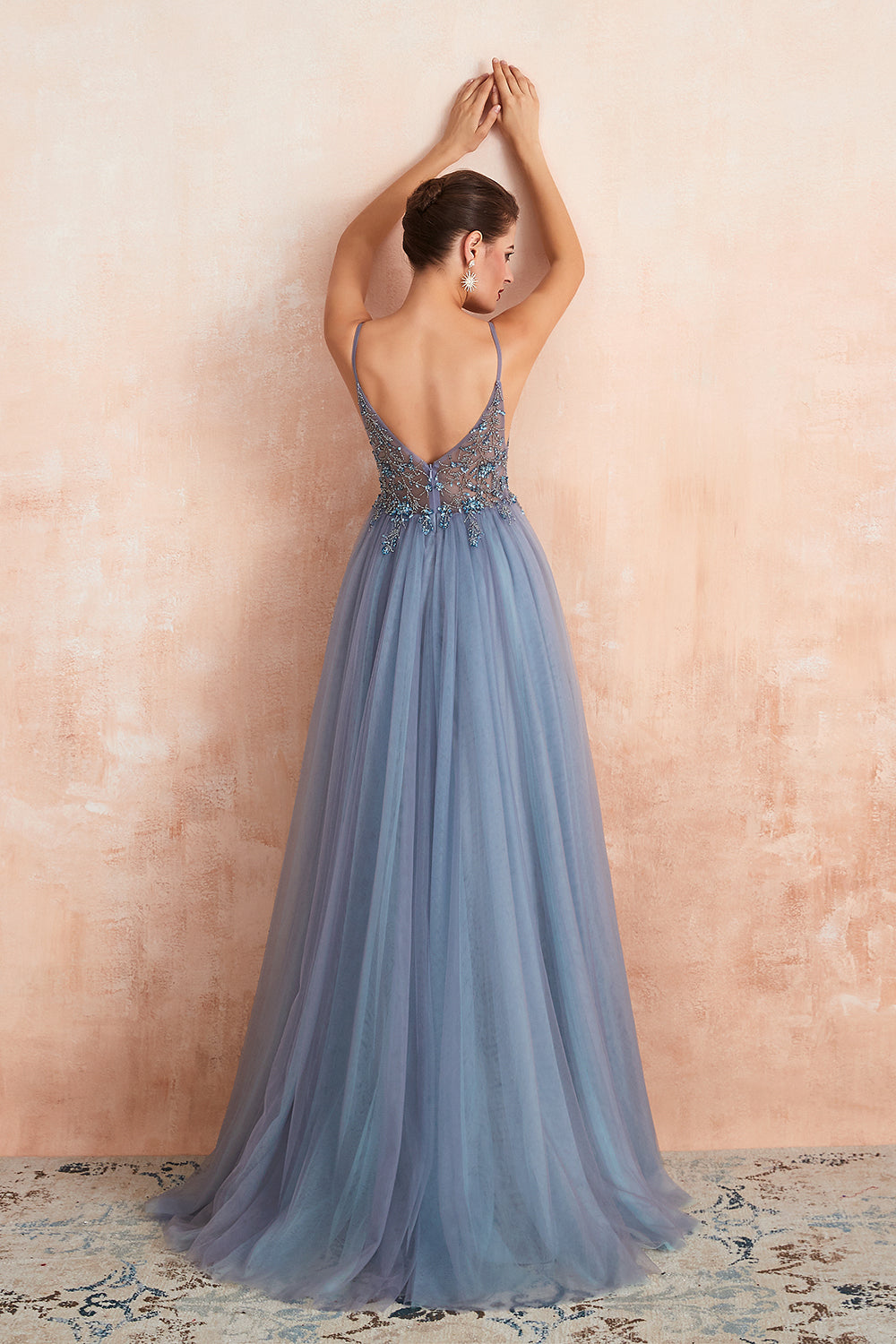 Best Long A-line V-neck Sleeveless Tulle Prom Dress with Slit-BIZTUNNEL