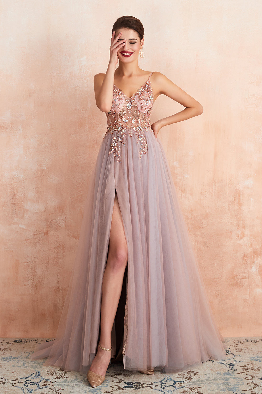 Elegant Long A-Line Halter Tulle Prom Dress With Slit