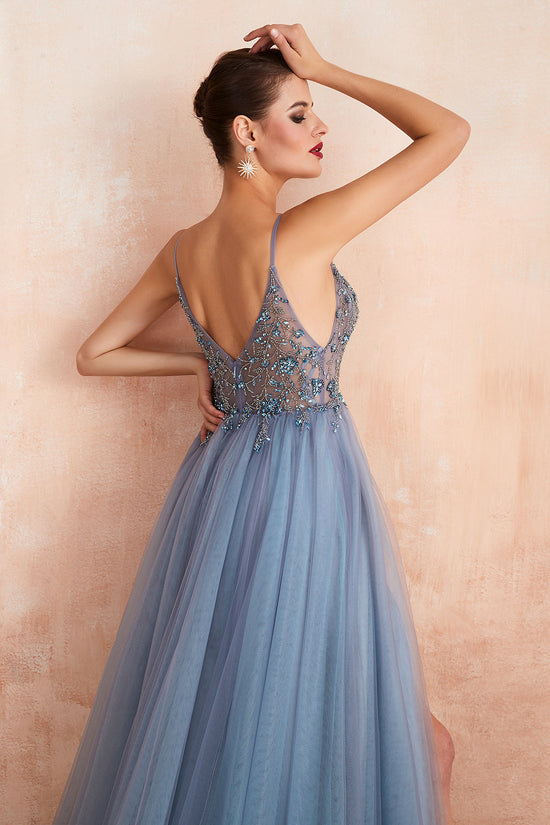Laden Sie das Bild in den Galerie-Viewer, Best Long A-line V-neck Sleeveless Tulle Prom Dress with Slit-BIZTUNNEL
