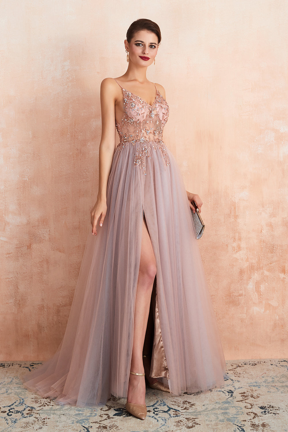 Best Long A-line V-neck Sleeveless Tulle Prom Dress with Slit-BIZTUNNEL