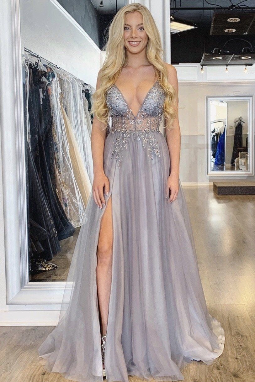 Elegant V Neck Gigot Sleeve Slit A Line Prom Dress