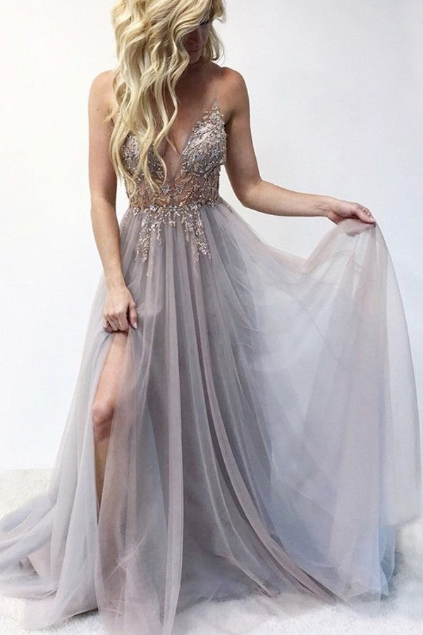 Chic Long A-line V-neck Beading Tulle Backless Prom Dress with Slit