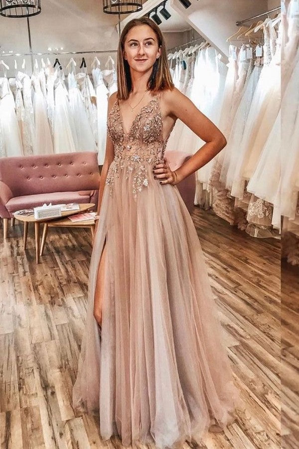 Load image into Gallery viewer, Best Long A-line V-neck Sleeveless Tulle Prom Dress with Slit-BIZTUNNEL
