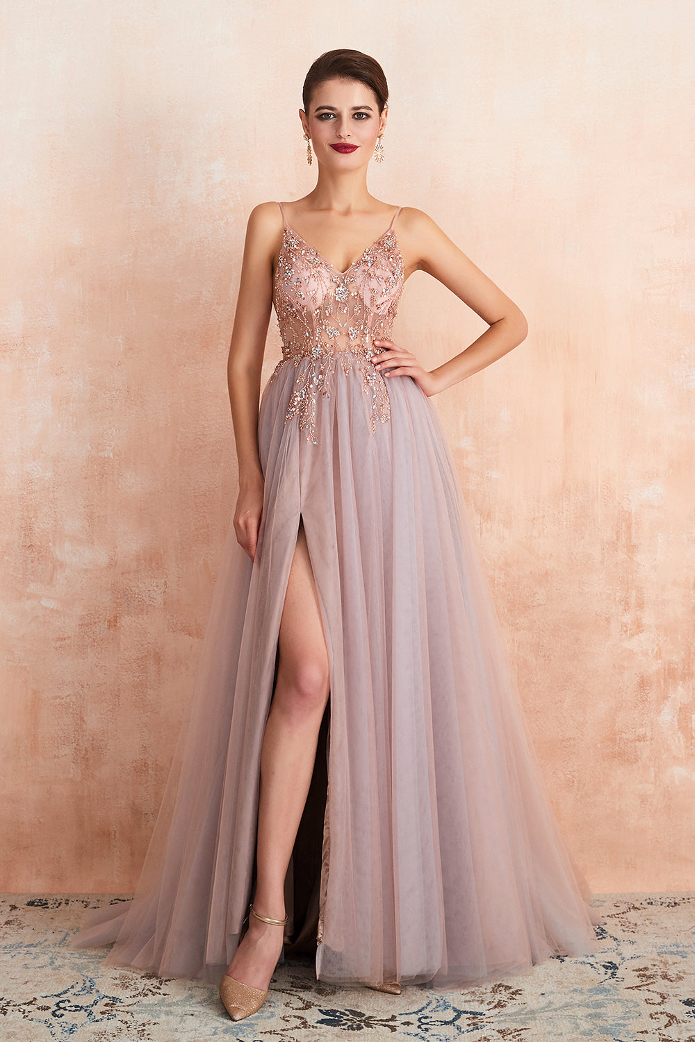 V-neck Long Tulle Dresses with Slit Azalea