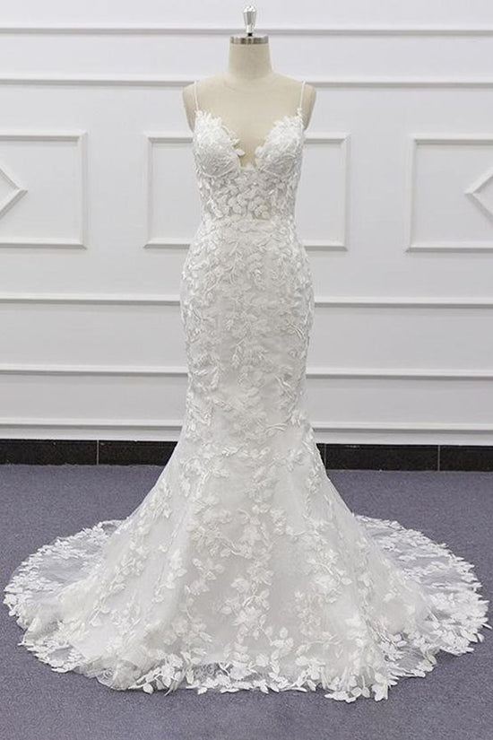 Best Long Mermaid Spaghetti Strap Appliques Lace Wedding Dress-BIZTUNNEL