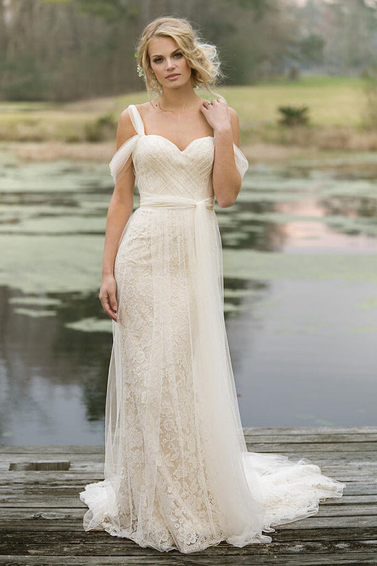 Best Long Sheath Lace Tulle Wedding Dress-BIZTUNNEL