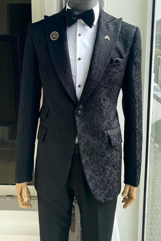 Bing Modern Black Peaked Lapel Two Pieces Jacquard Prom Suits