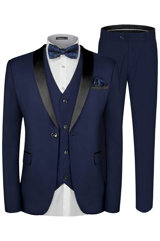 Bishop Fancy Navy Blue Three Pieces Shawl Lapel Men Suits For Wedding