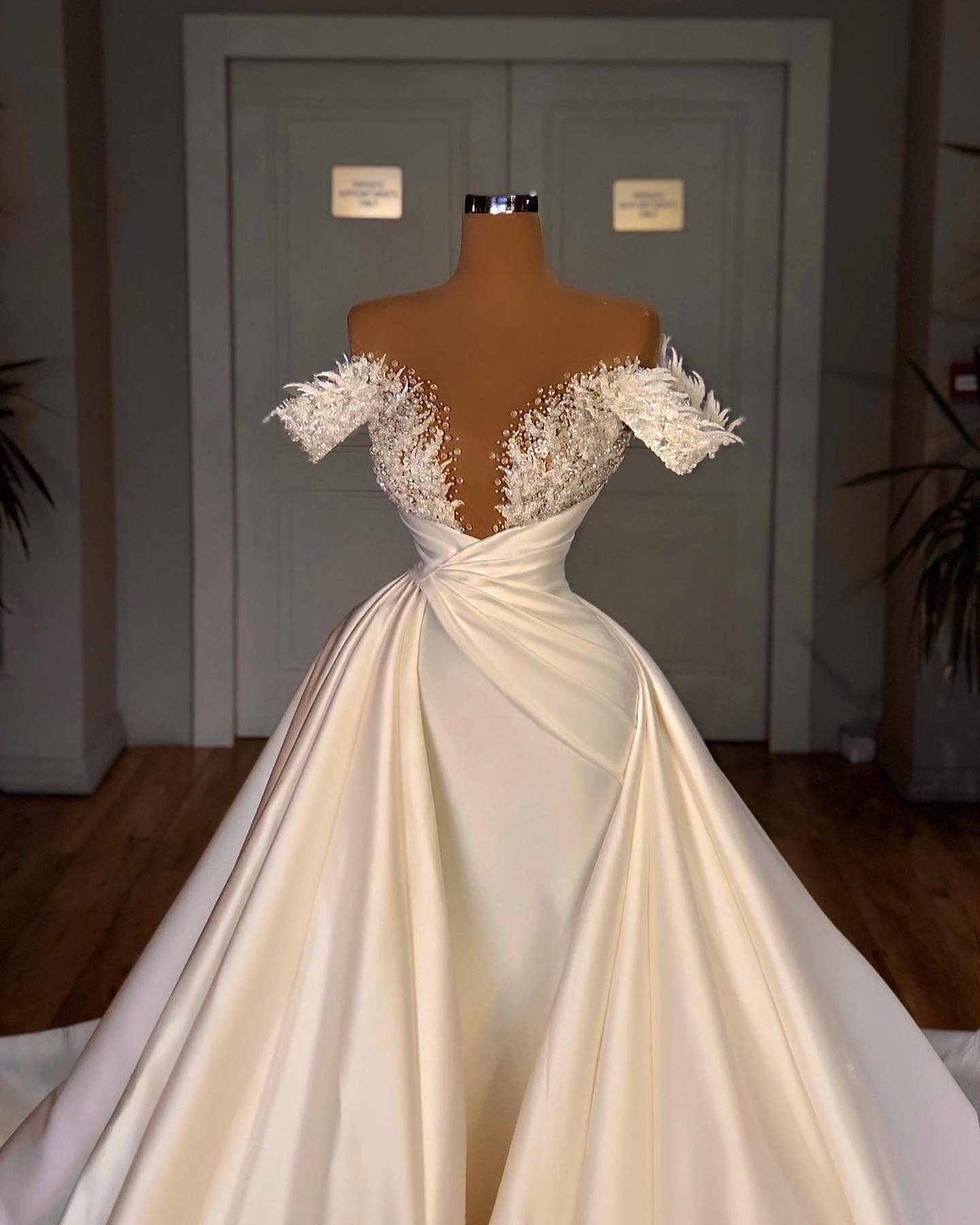Biztunnel Charming Long A-line Off-the-shoulder Satin Lace Wedding Dresses-BIZTUNNEL