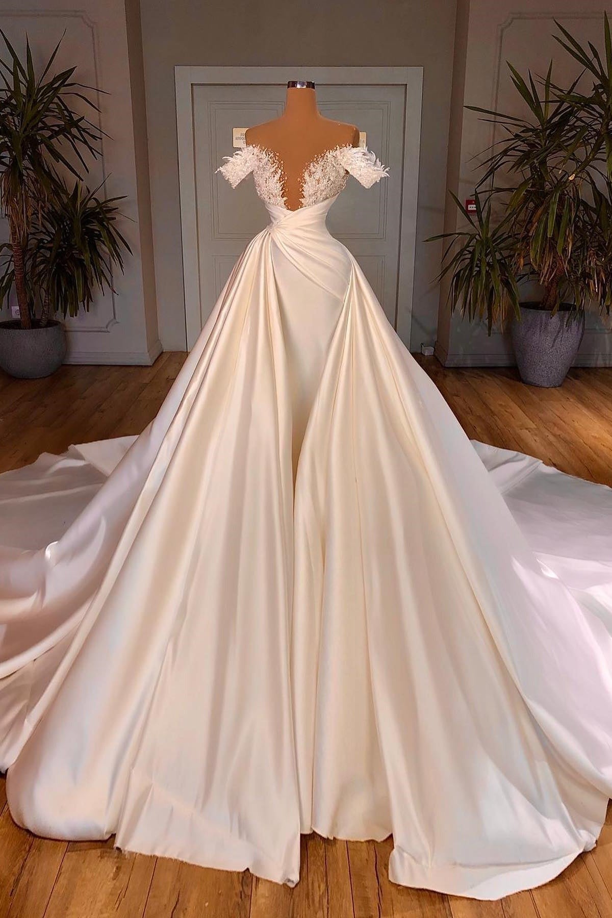 Biztunnel Charming Long A-line Off-the-shoulder Satin Lace Wedding Dresses-BIZTUNNEL