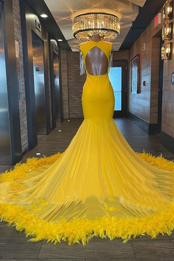 Biztunnel Charming Yellow Long Mermaid Sweetheart Tulle Beading Backless Prom Dress-BIZTUNNEL