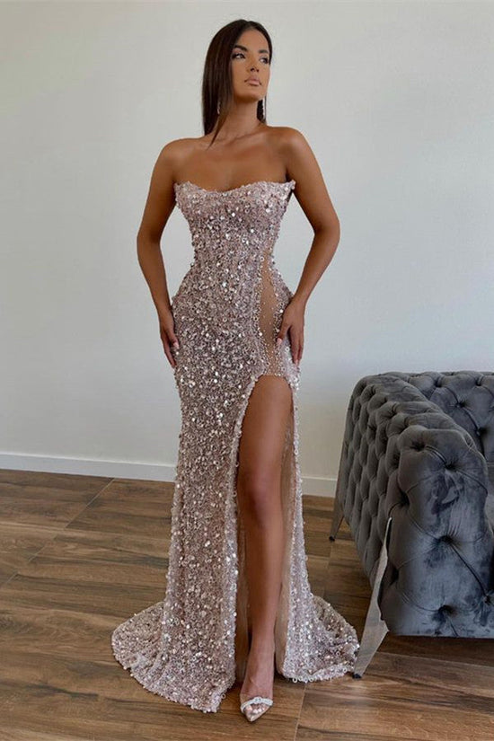 Biztunnel Chic Long Mermaid Strapless Sequined Prom Dress with Slit-BIZTUNNEL