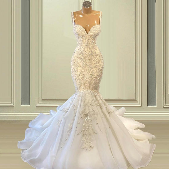 Biztunnel Elegant Long Mermaid Sweetheart Sleeveless Tulle Lace Wedding Dress-BIZTUNNEL