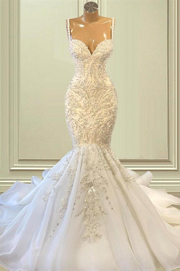 Biztunnel Elegant Long Mermaid Sweetheart Sleeveless Tulle Lace Wedding Dress-BIZTUNNEL