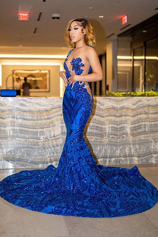 Biztunnel Fabulous Long Mermaid Jewel Asymmetrical Tulle Lace Prom Dress-BIZTUNNEL