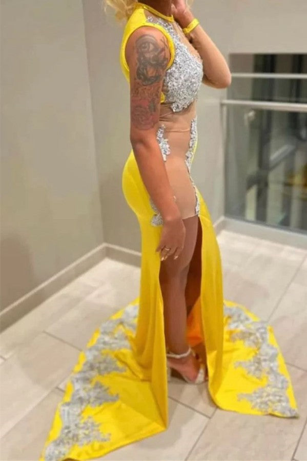 Biztunnel Fabulous Yellow Long Mermaid Jewel Satin Beading Prom Dress with Slit-BIZTUNNEL