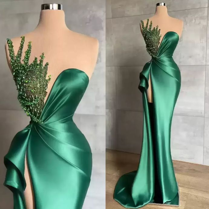 Biztunnel Green Long Mermaid Sweetheart Satin Beads Prom Dress with Slit-BIZTUNNEL