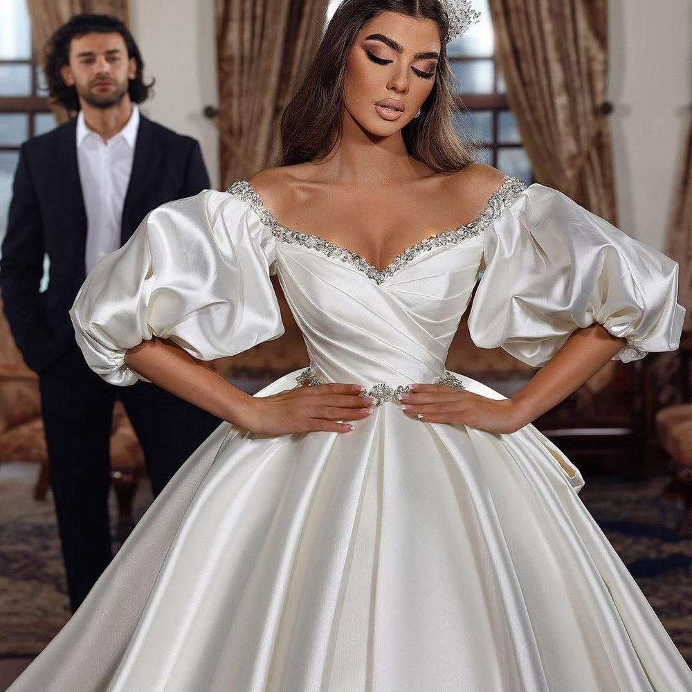 long sleeve off the shoulder ball gown wedding dress long sleeve ball gown wedding dresses Biztunnel Ivory Long Ball Gown Off the Shoulder Satin Wedding Dress Wi BIZTUNNEL-parroquiadesanalbertomagno.com