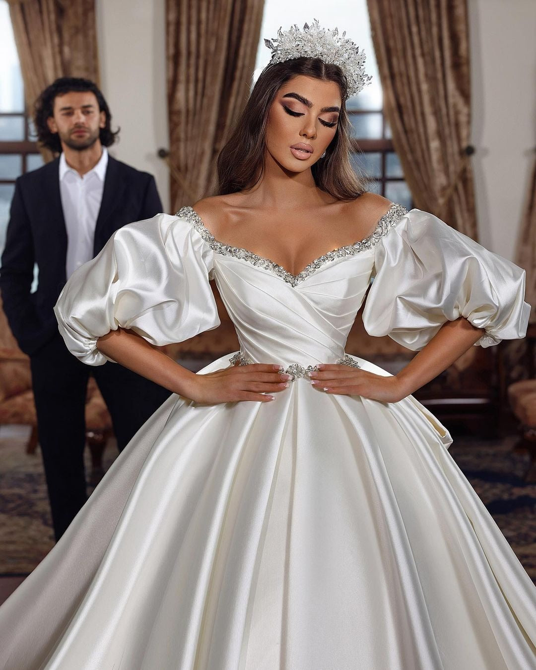 Biztunnel Ivory Long Ball Gown Off the Shoulder Satin Wedding Dress With Sleeves-BIZTUNNEL