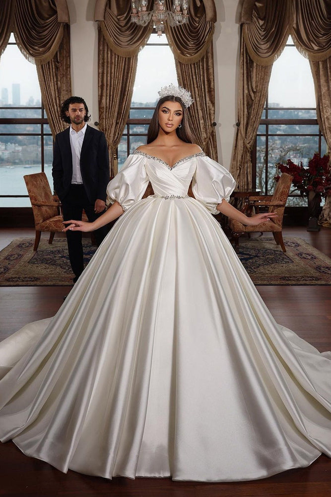 Biztunnel Ivory Long Ball Gown Off the Shoulder Satin Wedding Dress With Sleeves Biztunnel Ivory Long Ball Gown Off the Shoulder Satin Wedding Dress With Sleeves