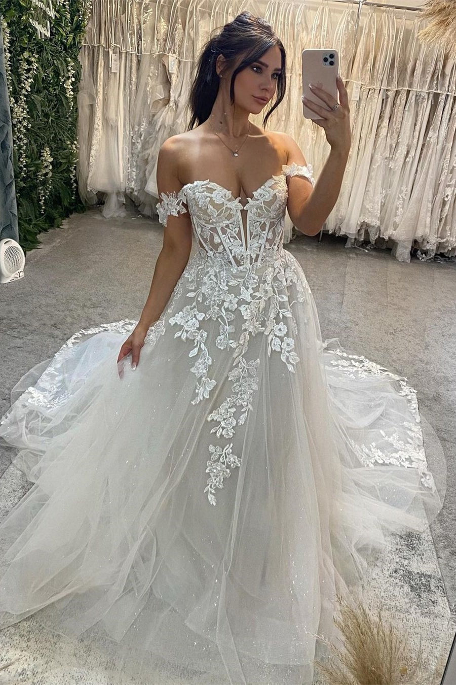 Biztunnel Long A-line Off the Shoulder Tulle Lace Wedding Dresses with Train-BIZTUNNEL