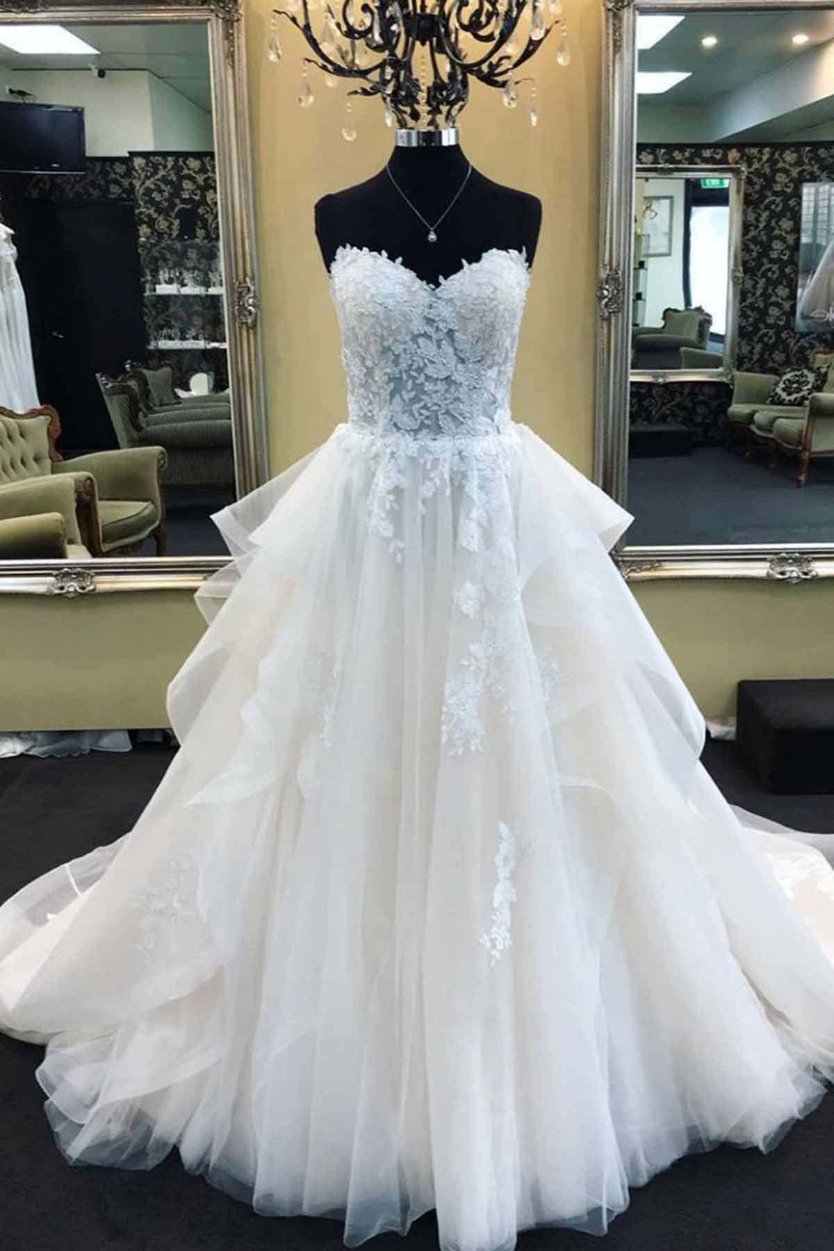 Biztunnel Long A-Line Strapless Lace Tulle Wedding Dress-BIZTUNNEL