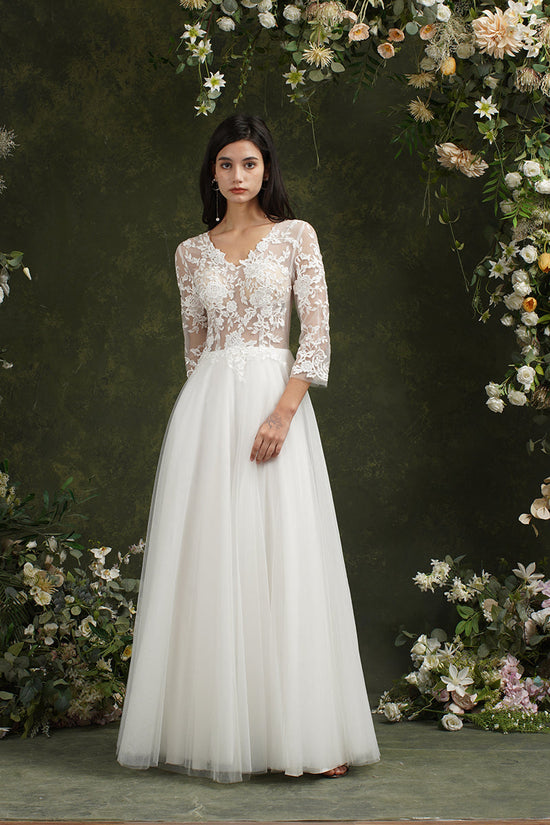Charger l&amp;#39;image dans la galerie, Biztunnel Long A-line Sweetheart Chiffon Lace Wedding Dresses with Sleeves-BIZTUNNEL
