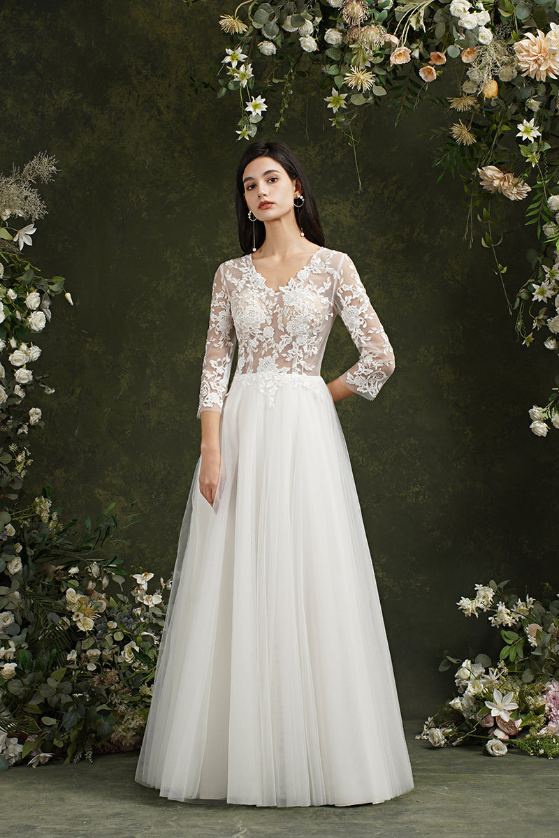Charger l&amp;#39;image dans la galerie, Biztunnel Long A-line Sweetheart Chiffon Lace Wedding Dresses with Sleeves-BIZTUNNEL
