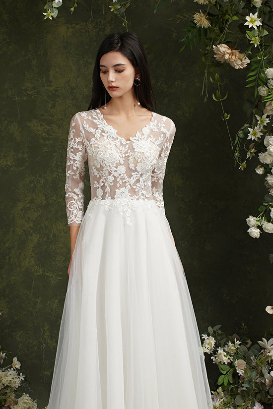 Biztunnel Long A-line Sweetheart Chiffon Lace Wedding Dresses with Sleeves-BIZTUNNEL