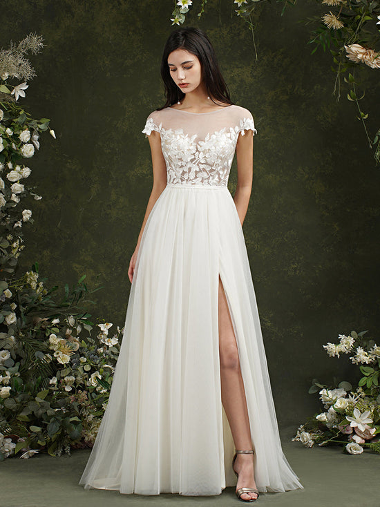 Carregar imagem no visualizador da galeria, Biztunnel Long A-line Sweetheart Chiffon Lace Wedding Dresses with slit-BIZTUNNEL
