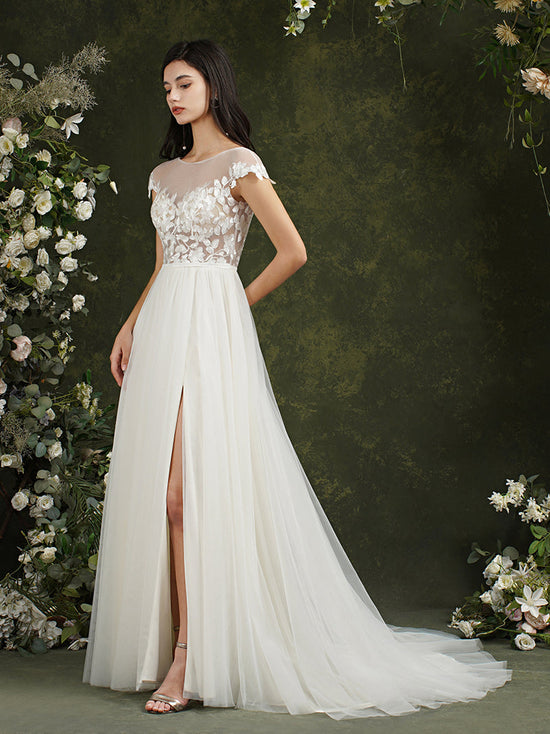 Cargar imagen en el visor de la Galería, Biztunnel Long A-line Sweetheart Chiffon Lace Wedding Dresses with slit-BIZTUNNEL
