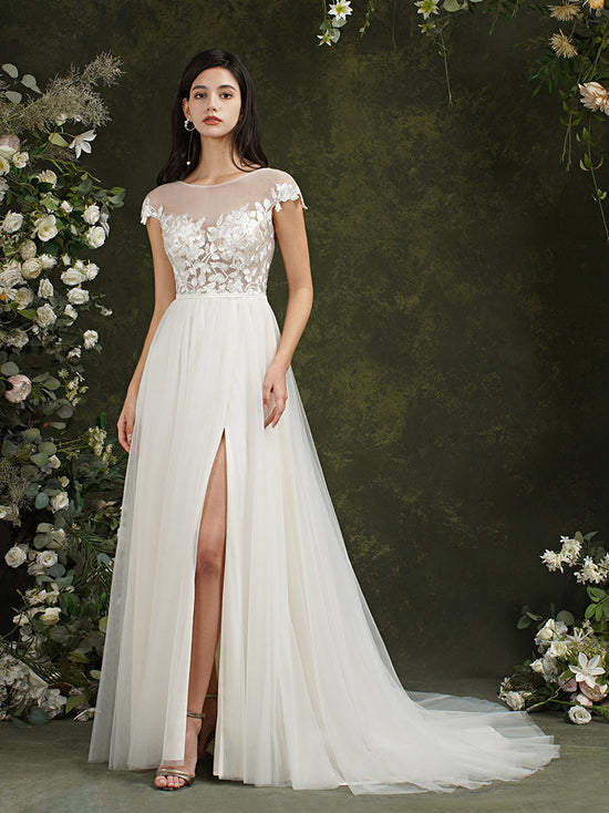 Cargar imagen en el visor de la Galería, Biztunnel Long A-line Sweetheart Chiffon Lace Wedding Dresses with slit-BIZTUNNEL
