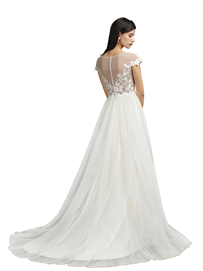 Laden Sie das Bild in den Galerie-Viewer, Biztunnel Long A-line Sweetheart Chiffon Lace Wedding Dresses with slit-BIZTUNNEL
