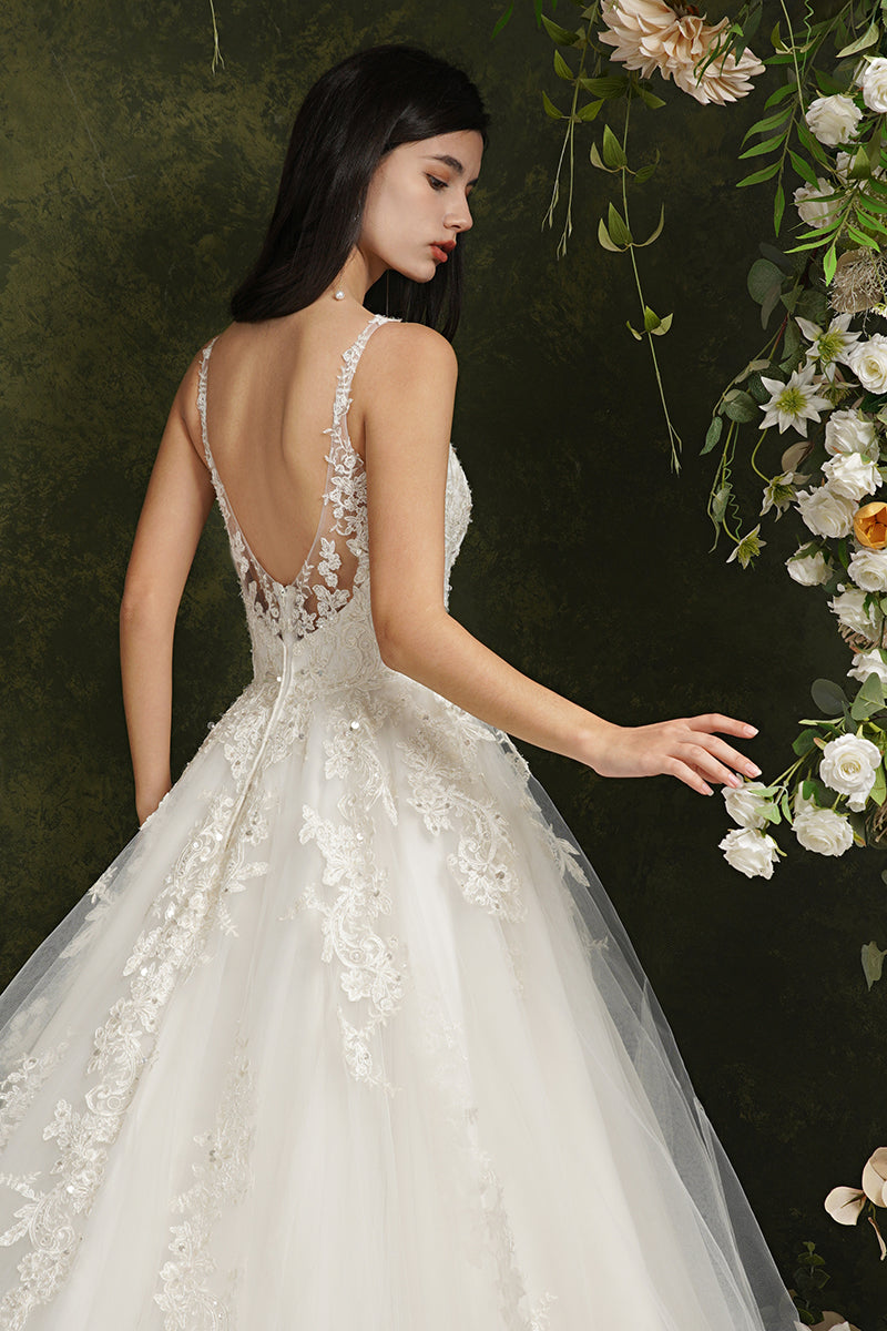 Biztunnel Long A-line V-neck Tulle Lace Backless Wedding Dresses-BIZTUNNEL
