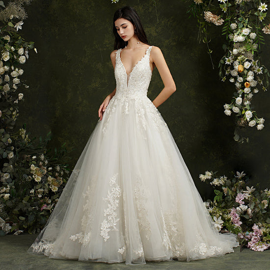 Carregar imagem no visualizador da galeria, Biztunnel Long A-line V-neck Tulle Lace Backless Wedding Dresses-BIZTUNNEL
