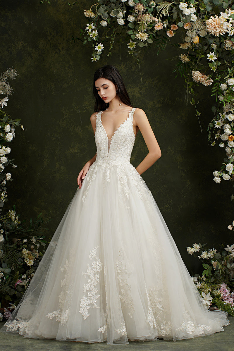 Biztunnel Long A-line V-neck Tulle Lace Backless Wedding Dresses-BIZTUNNEL
