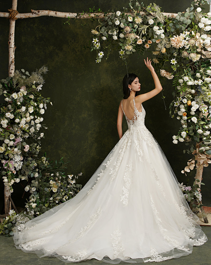 Biztunnel Long A-line V-neck Tulle Lace Backless Wedding Dresses Biztunnel Long A-line V-neck Tulle Lace Backless Wedding Dresses