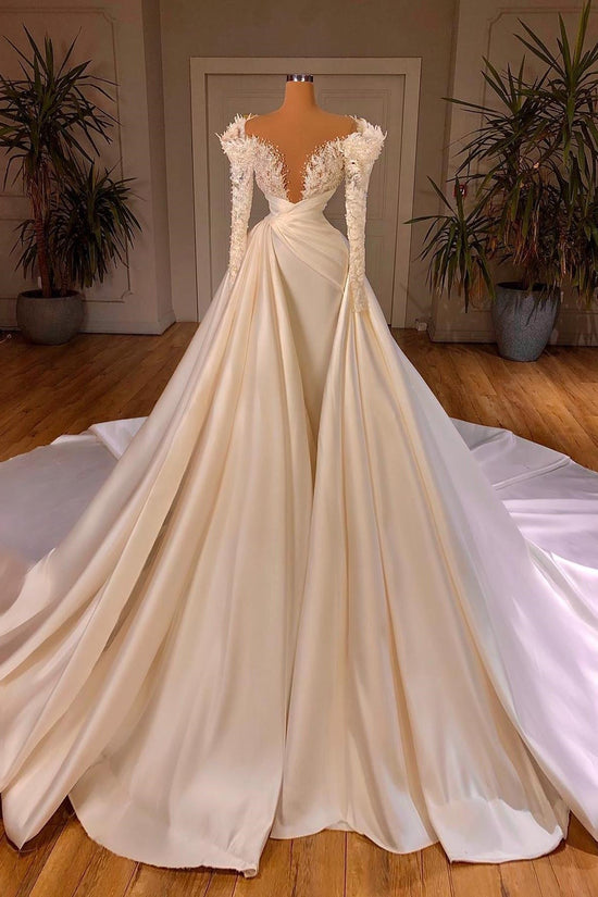 Biztunnel Long Mermaid V-neck Satin Lace Wedding Dresses with Sleeves-BIZTUNNEL