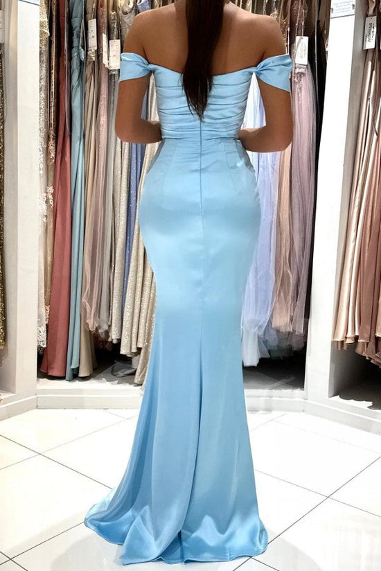 Biztunnel Simple Sky Blue Long Mermaid Off the Shoulder Satin Prom Dress with Slit-BIZTUNNEL