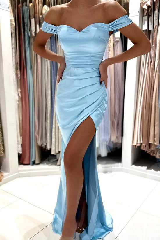 Biztunnel Simple Sky Blue Long Mermaid Off the Shoulder Satin Prom Dress with Slit-BIZTUNNEL