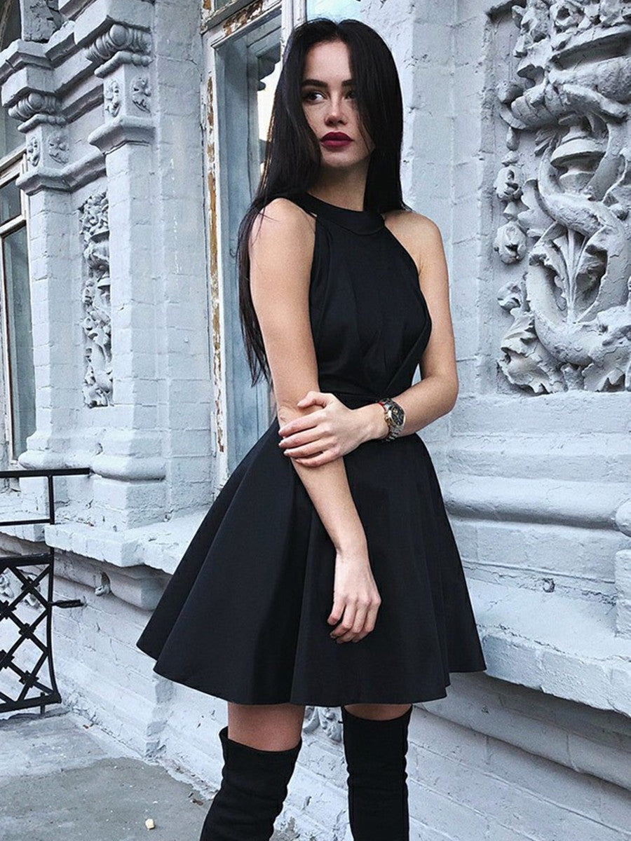 Black A Line Round Neck Pleated Satin Short Prom Homecoming Dresses-BIZTUNNEL
