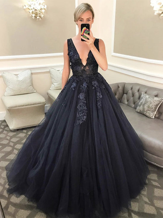 Black A-line V Neck Tulle Open Back Appliques Lace Long Prom Dresses-BIZTUNNEL