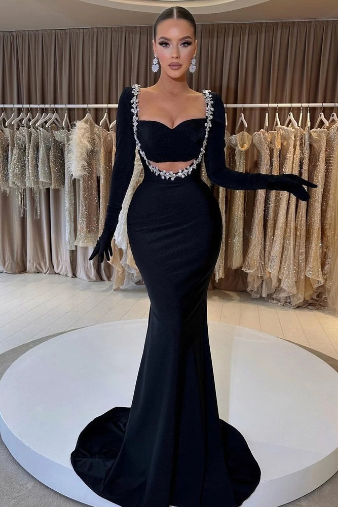 Black Beaded Sweetheart Long Sleeve Mermaid Evening Dress with Gloves – BIZTUNNEL