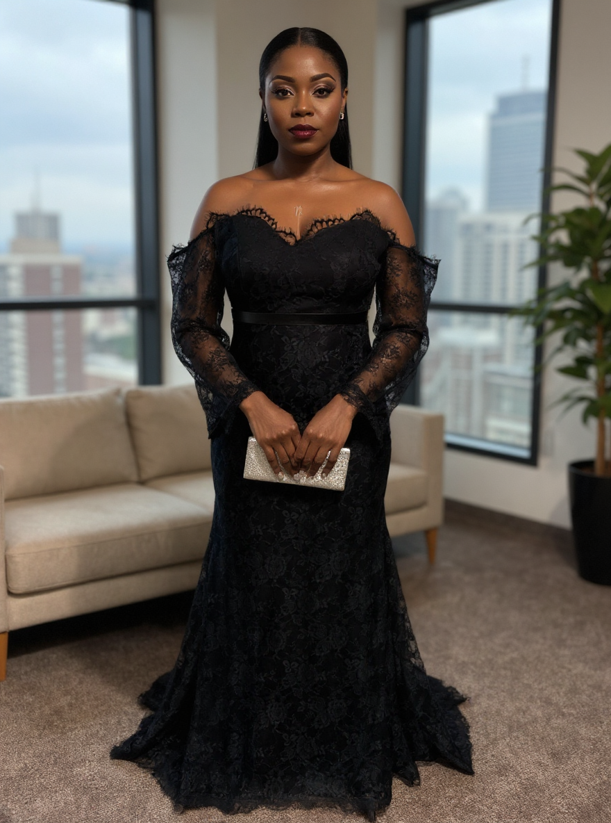 Elegant Long Sleeves Mermaid Black Evening Dresses with Sash