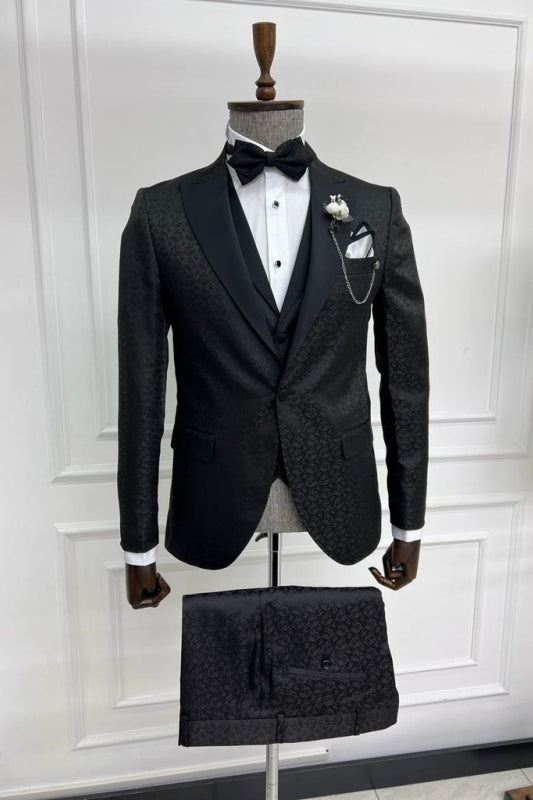 Bartholomew Classic Black Jacquard Notched Lapel Three Pieces Prom Suits